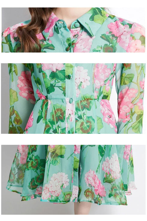 Vintage Green Alluring Floral Printed, Collared, Long Sleeve, Big Swing, Pleated Office, Party, Evening Maxi Dress